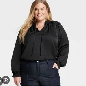 Knox Rose Sz 2X Satin Black Ruffled Top Ties Long Sleeve Goth Bohemian Lagenlook